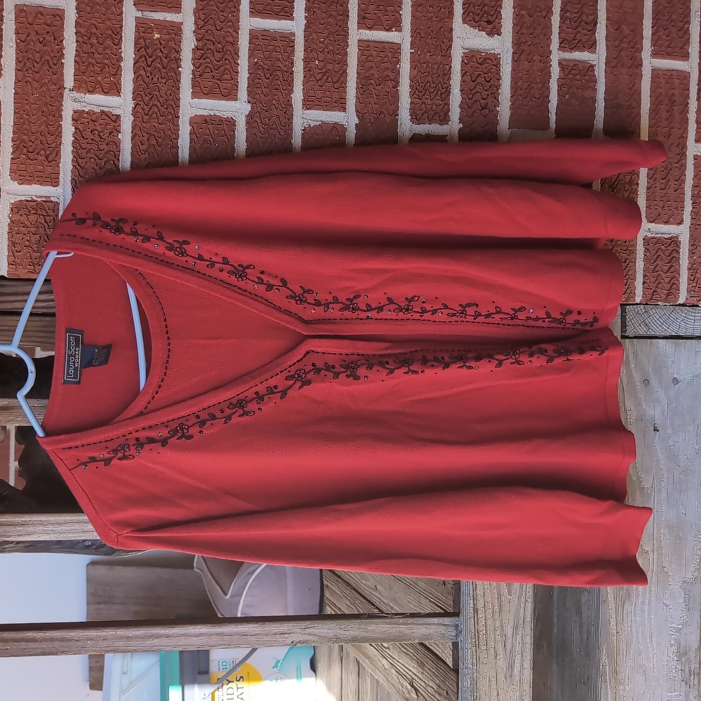 Laura Scott Red Knit Cardigan Sweater Beaded Embroidered 24/26w Women's Red